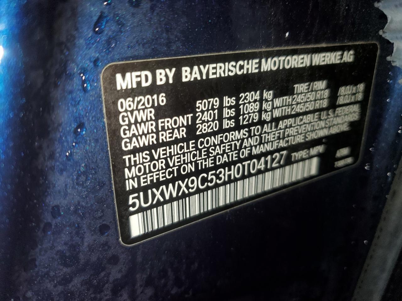 VIN 5UXWX9C53H0T04127 2017 BMW X3 no.13