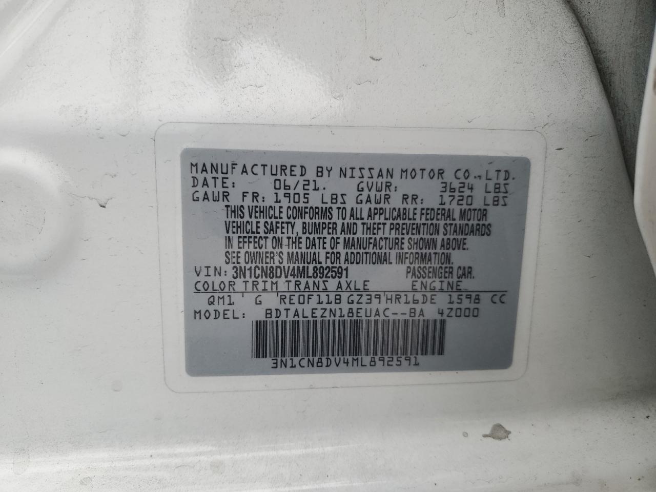 VIN 3N1CN8DV4ML892591 2021 NISSAN VERSA no.13