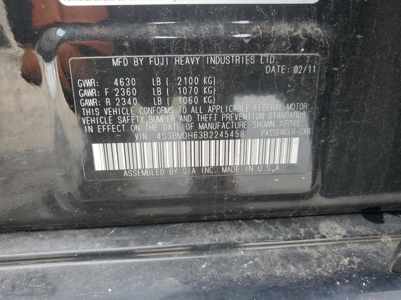 2011 Subaru Legacy 3.6R Premium VIN: 4S3BMDH63B2245458 Lot: 82437424