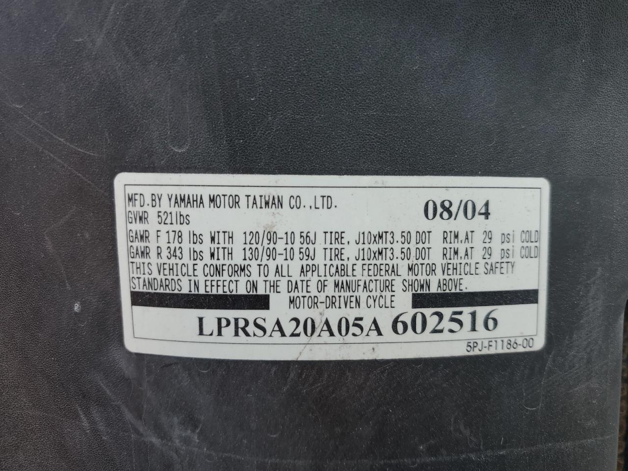 2005 Yamaha Yw50 Ap Zuma VIN: LPRSA20A05A602516 Lot: 78817564