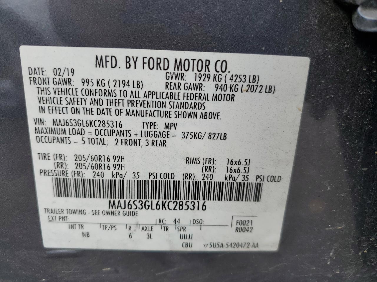 VIN MAJ6S3GL6KC285316 2019 FORD ECOSPORT no.13