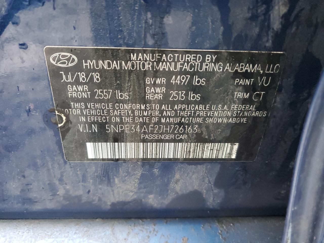 VIN 5NPE34AF2JH726163 2018 HYUNDAI SONATA no.12