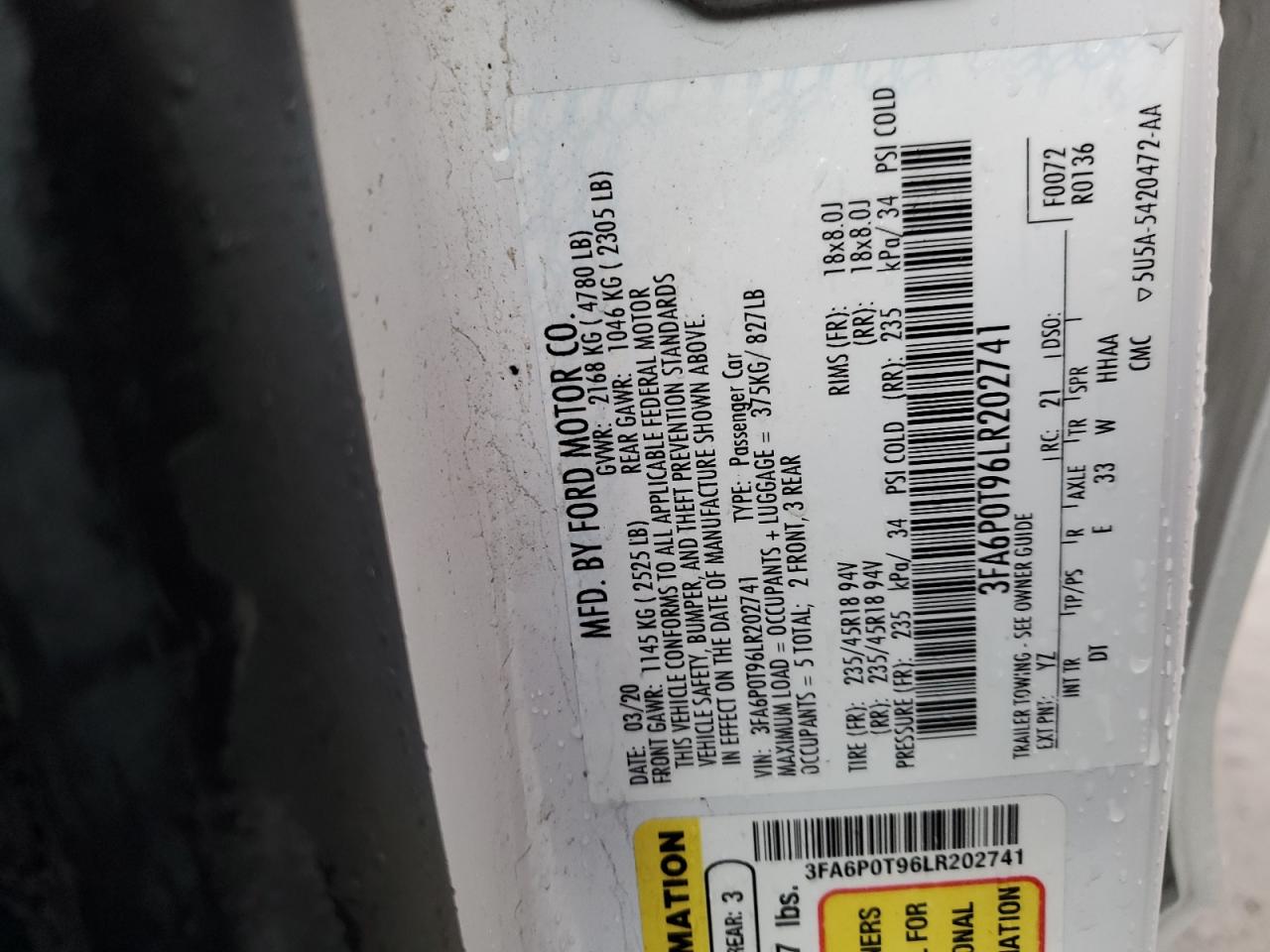 3FA6P0T96LR202741 2020 FORD FUSION - Image 12