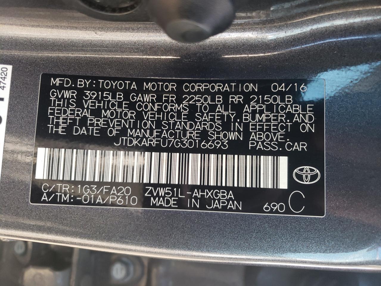 VIN JTDKARFU7G3016693 2016 TOYOTA PRIUS no.12