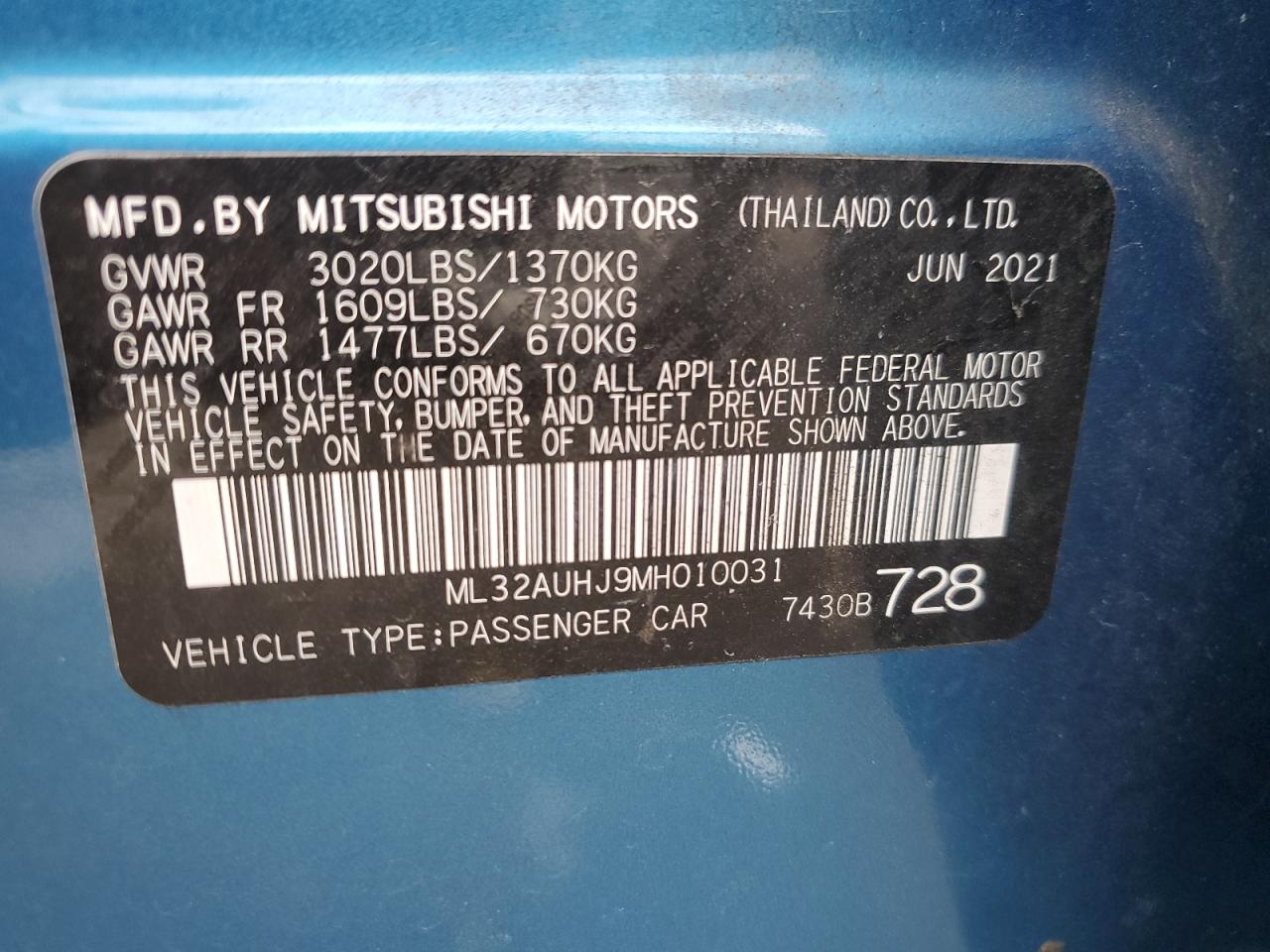 2021 Mitsubishi Mirage Es VIN: ML32AUHJ9MH010031 Lot: 79514304