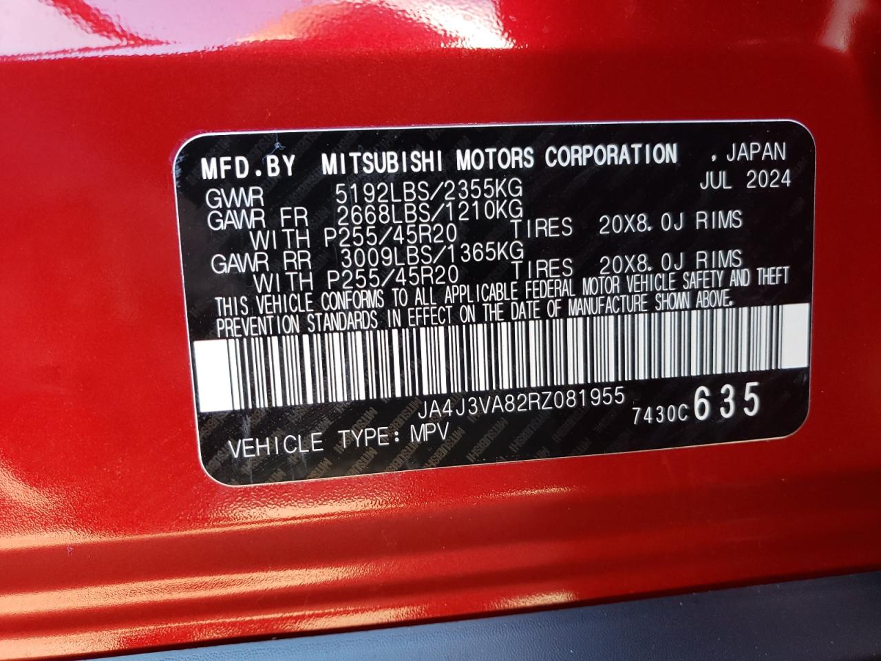 VIN JA4J3VA82RZ081955 2024 MITSUBISHI OUTLANDER no.12