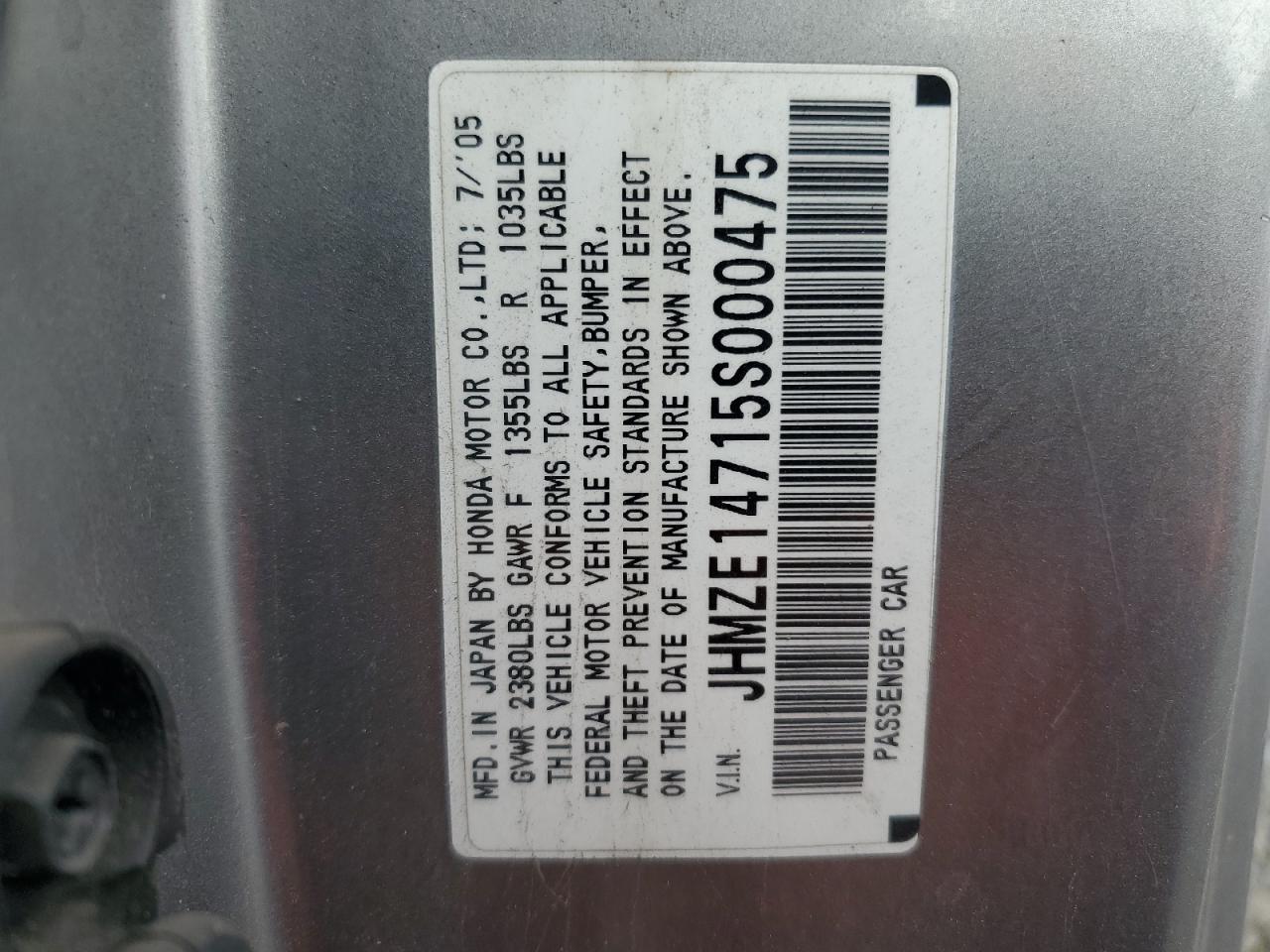 2005 Honda Insight VIN: JHMZE14715S000475 Lot: 80165654