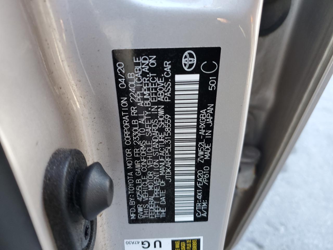 2020 Toyota Prius Prime Le VIN: JTDKARFP5L3158559 Lot: 80054084