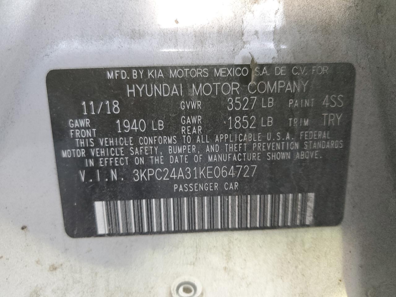2019 Hyundai Accent Se VIN: 3KPC24A31KE064727 Lot: 91909645