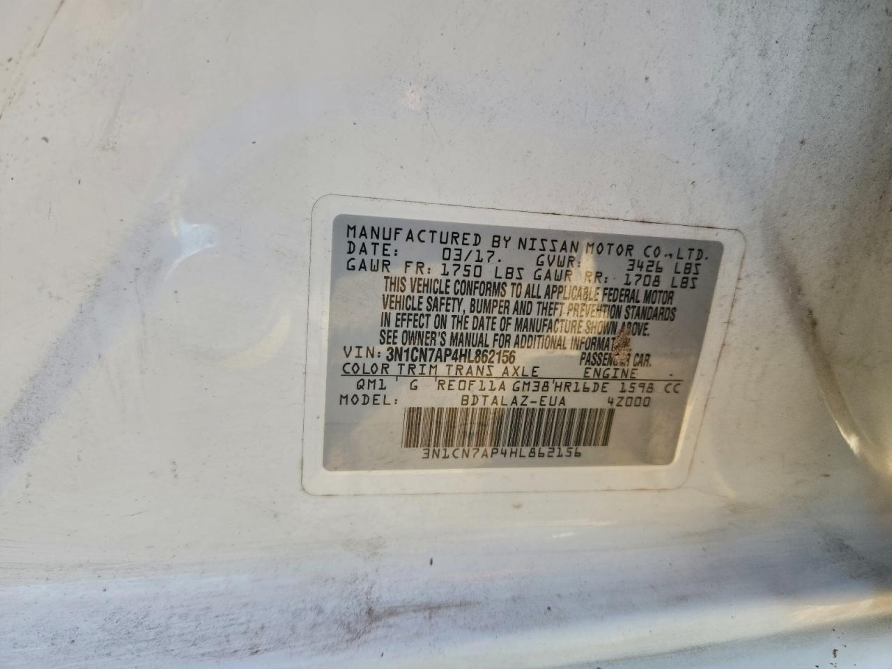 2017 Nissan Versa S VIN: 3N1CN7AP4HL862156 Lot: 94295145