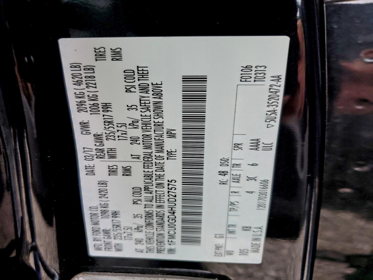 2017 Ford Escape Se VIN: 1FMCU0GD4HUD27575 Lot: 93917705