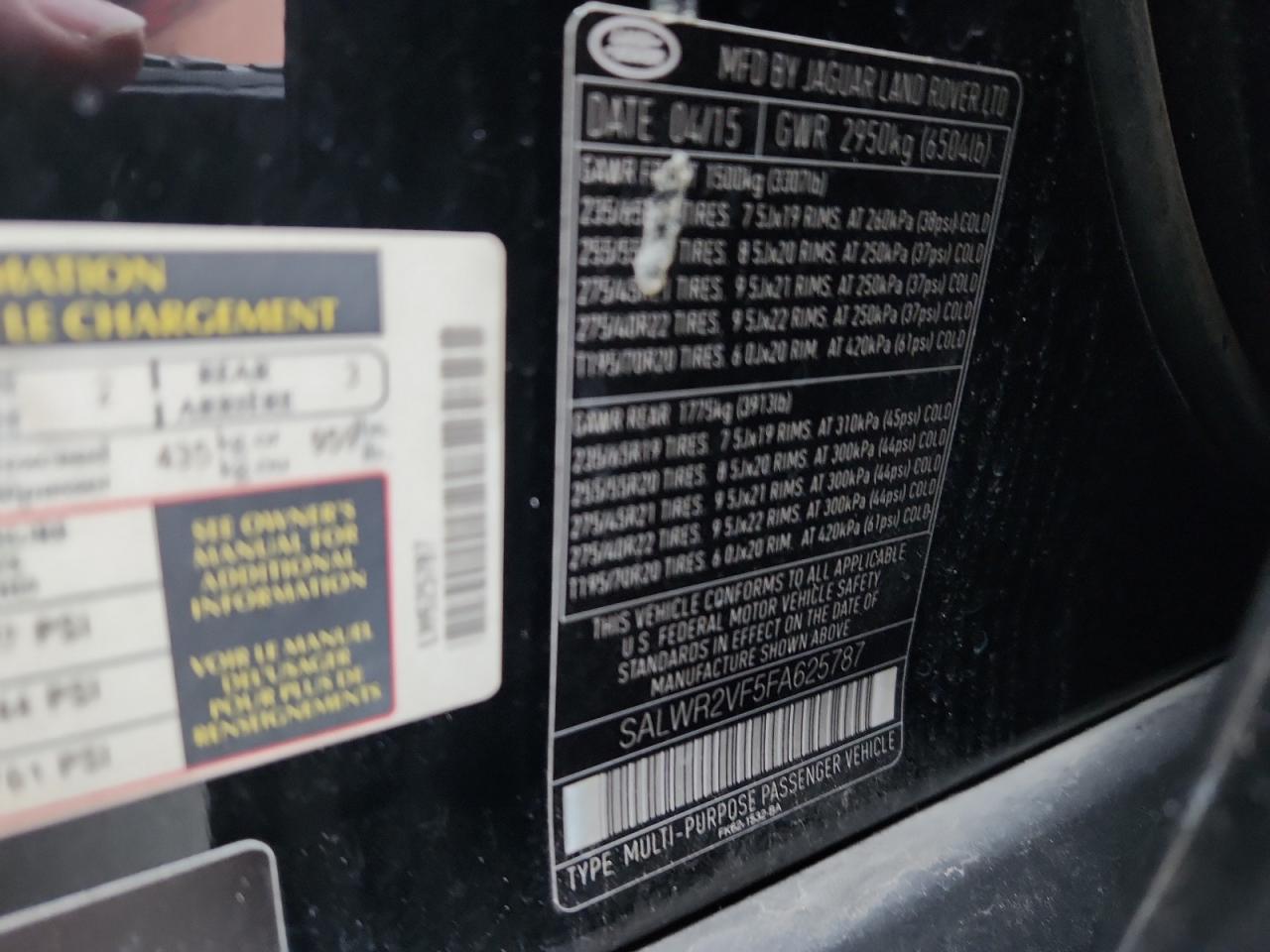 2015 Land Rover Range Rover Sport Hse VIN: SALWR2VF5FA625787 Lot: 93752905