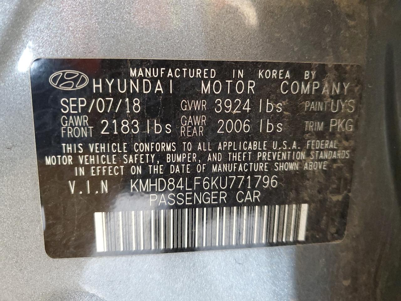 2019 Hyundai Elantra Sel VIN: KMHD84LF6KU771796 Lot: 93251085