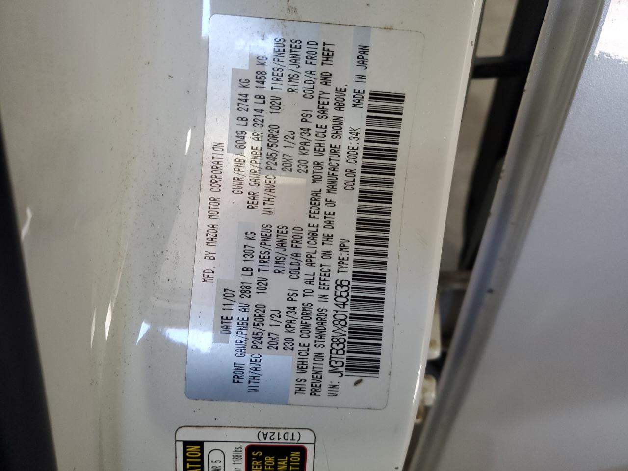 2008 Mazda Cx-9 VIN: JM3TB38VX80140536 Lot: 92221975