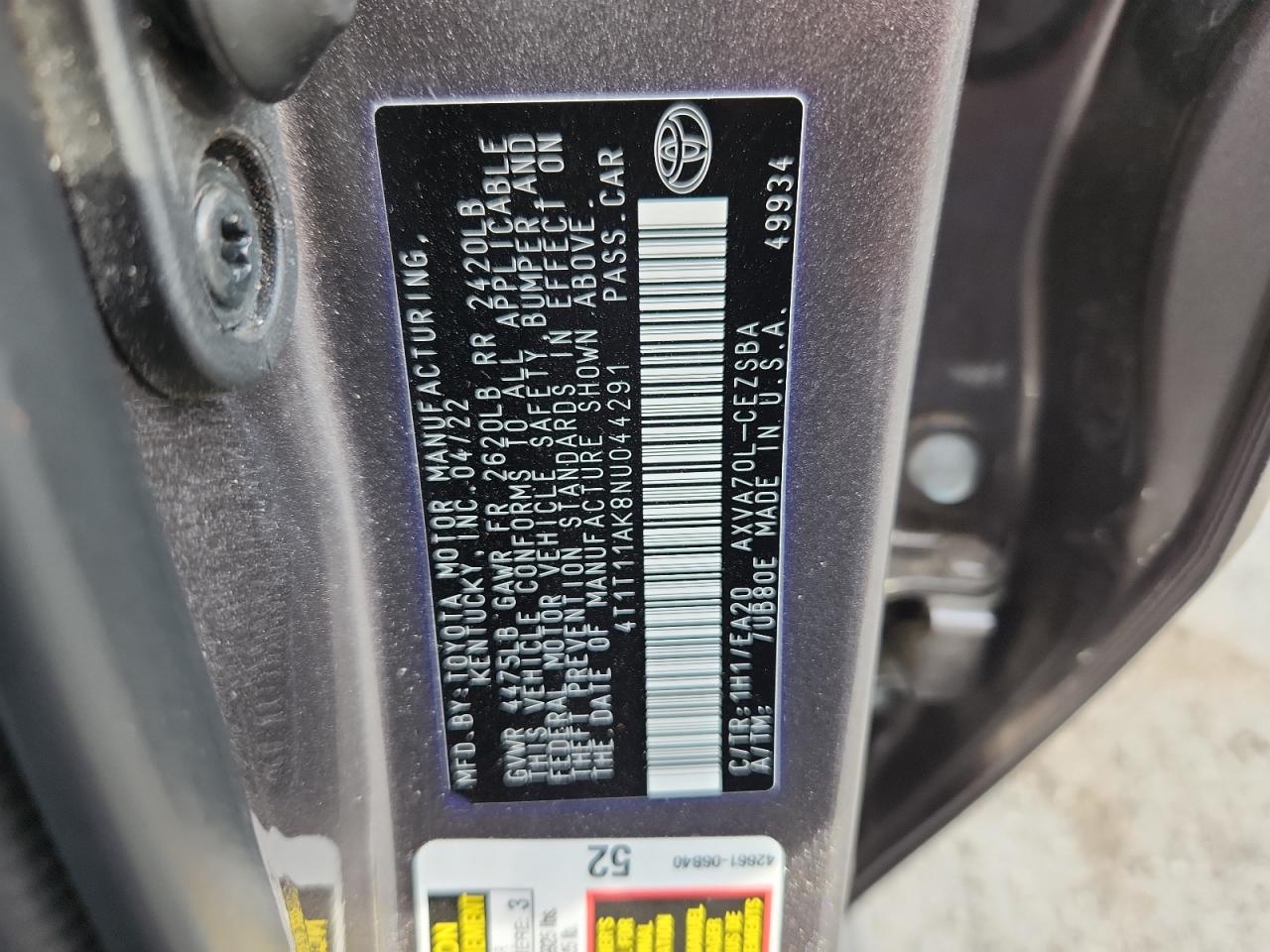 2022 Toyota Camry Se VIN: 4T1T11AK8NU044291 Lot: 92759615