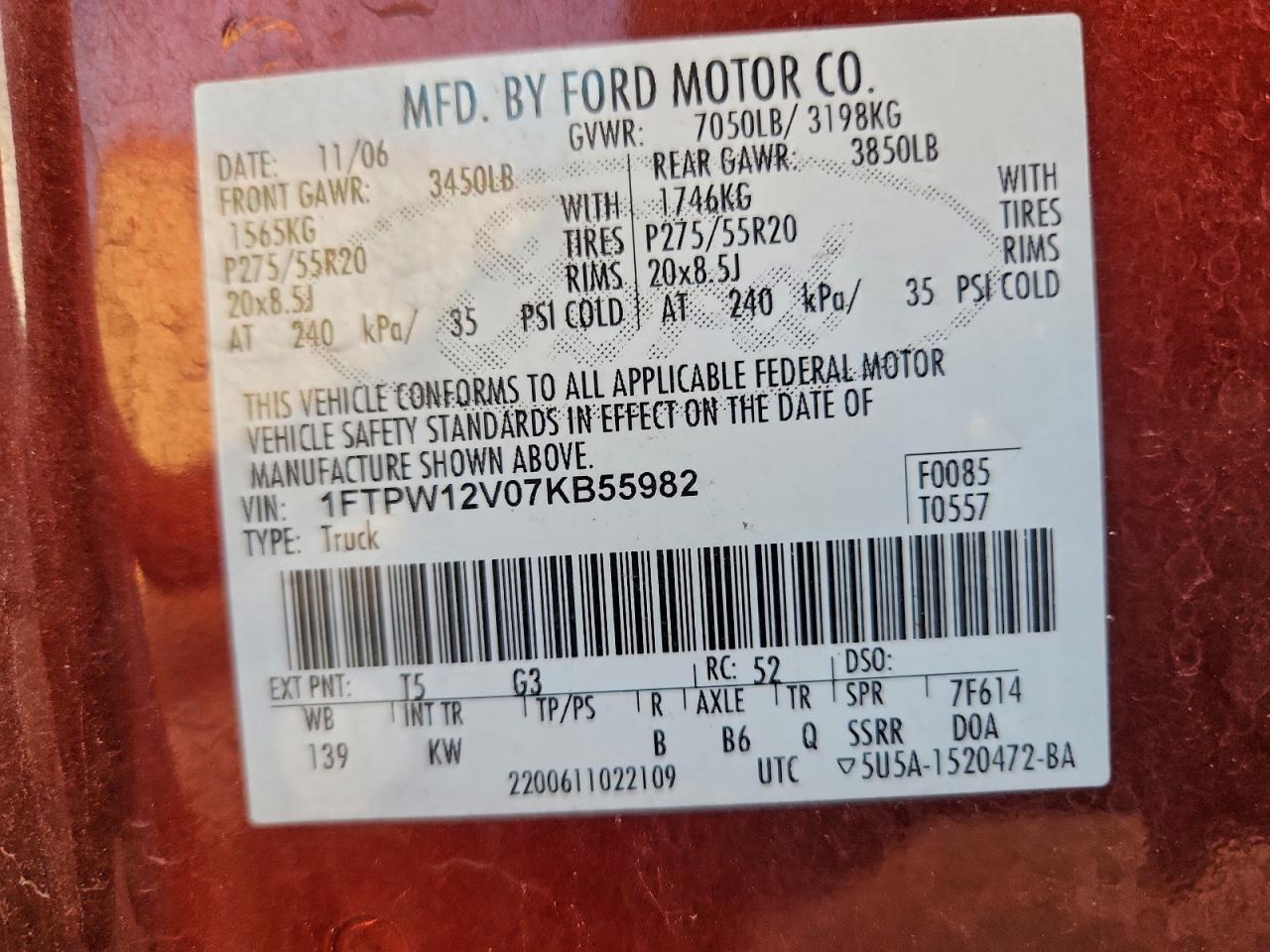 2007 Ford F150 Supercrew VIN: 1FTPW12V07KB55982 Lot: 94099835