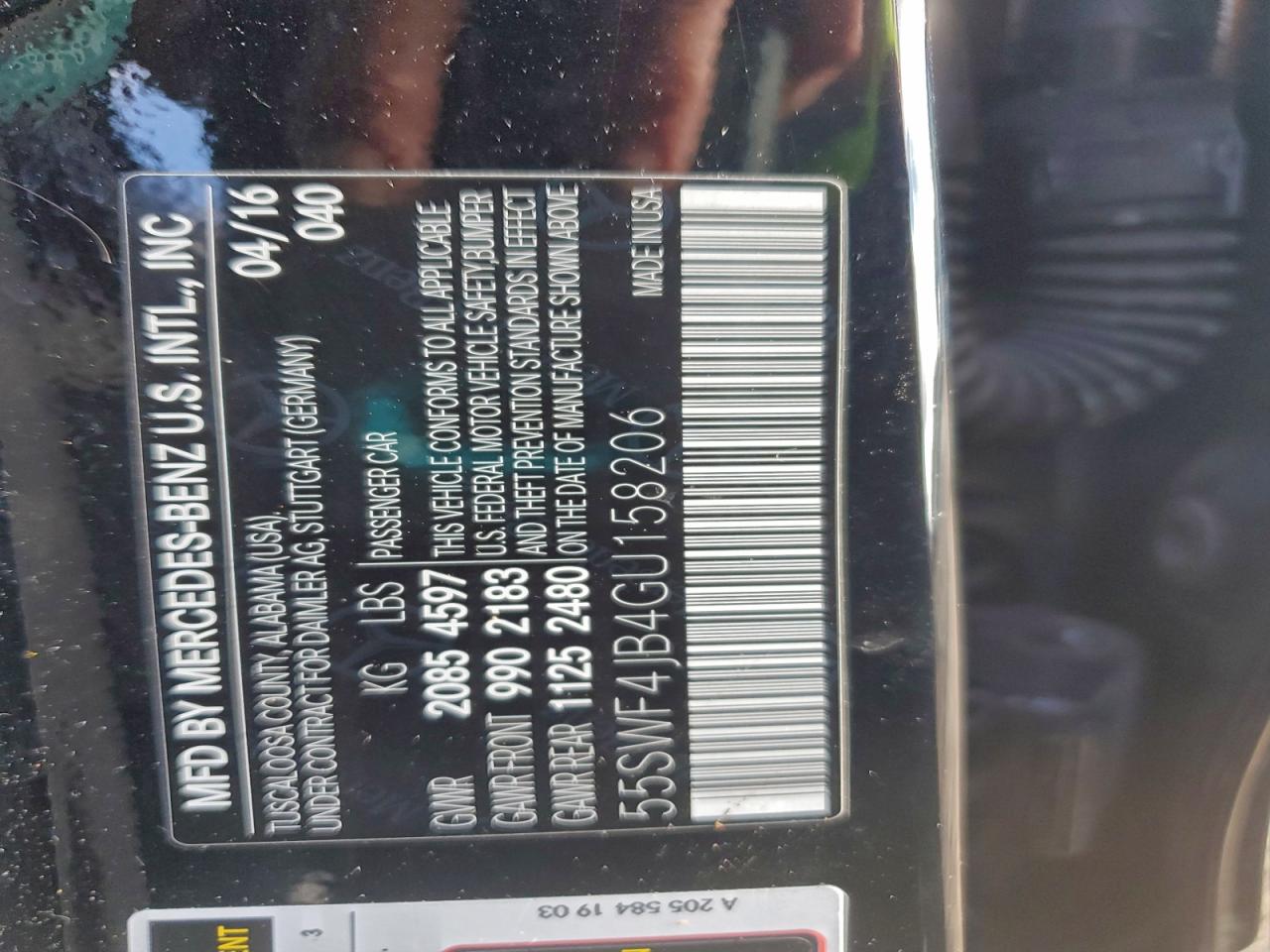 2016 Mercedes-Benz C 300 VIN: 55SWF4JB4GU158206 Lot: 94416195