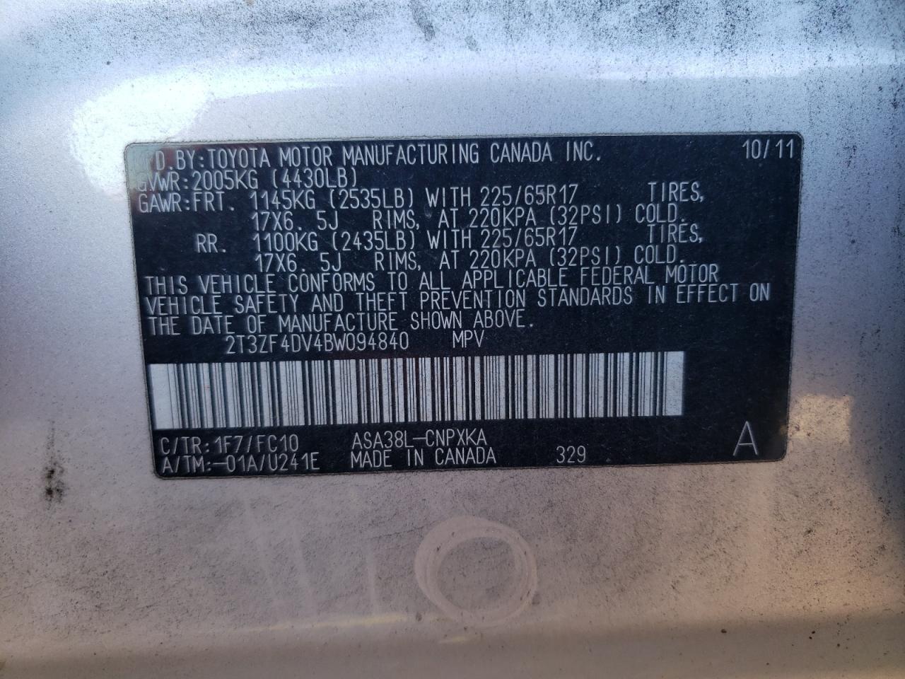 2011 Toyota Rav4 VIN: 2T3ZF4DV4BW094840 Lot: 92017785