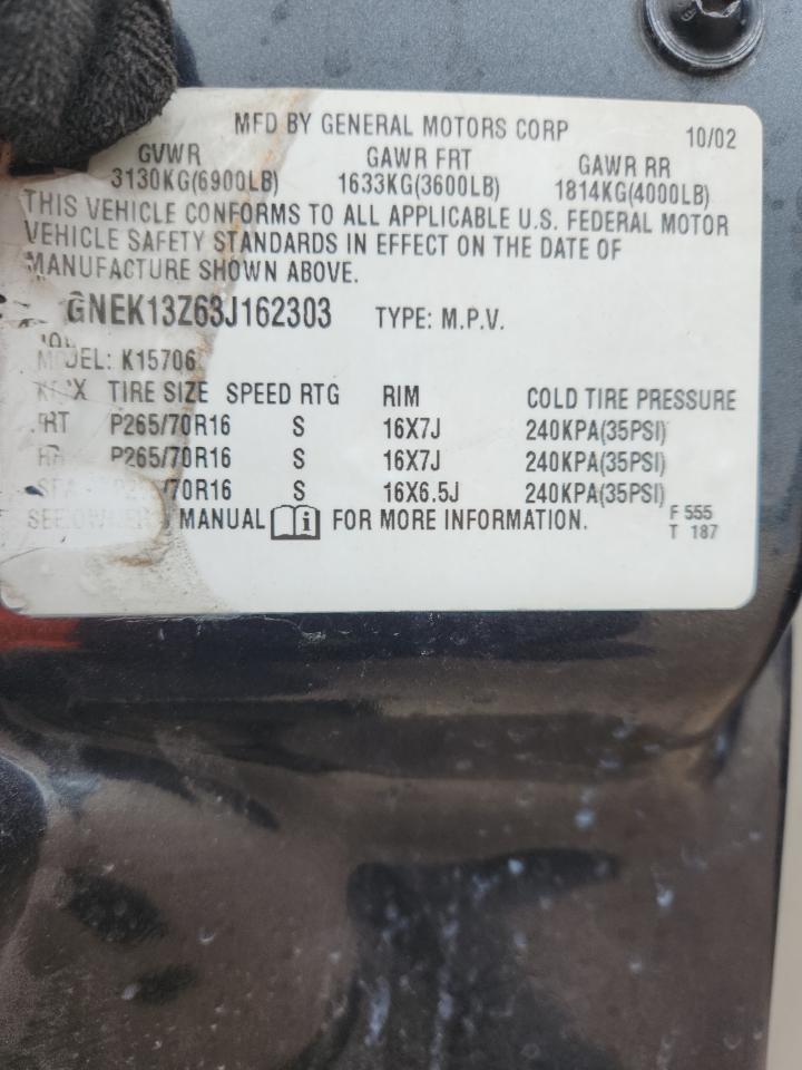 2003 Chevrolet Tahoe K1500 VIN: 1GNEK13Z63J162303 Lot: 92744175