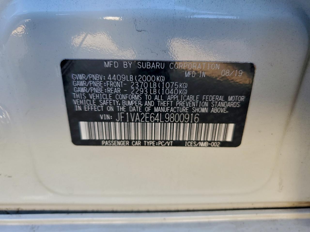 2020 Subaru Wrx Sti VIN: JF1VA2E64L9800916 Lot: 94330565