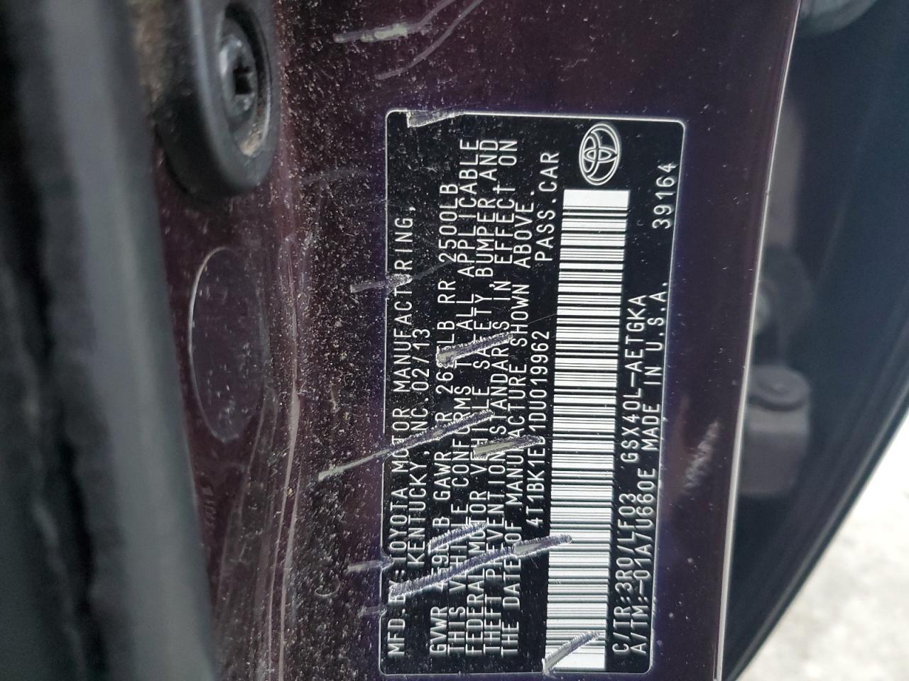 2013 Toyota Avalon Base VIN: 4T1BK1EB1DU019962 Lot: 93932035