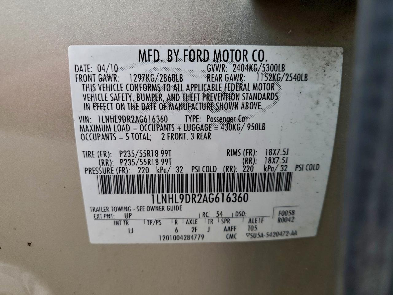 2010 Lincoln Mks VIN: 1LNHL9DR2AG616360 Lot: 91570125