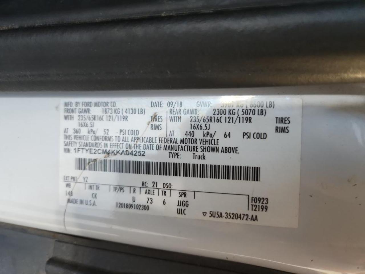 2019 Ford Transit Delivery Van VIN: 1FTYE2CM4KKA04252 Lot: 92418085