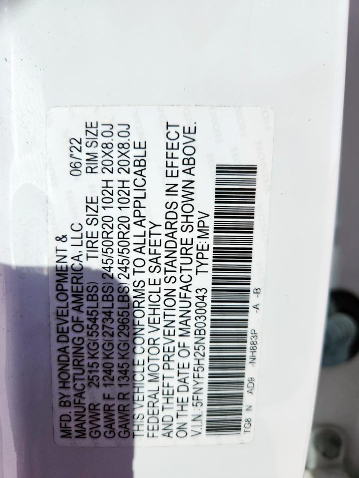 2022 Honda Pilot Se VIN: 5FNYF5H25NB030043 Lot: 92510765