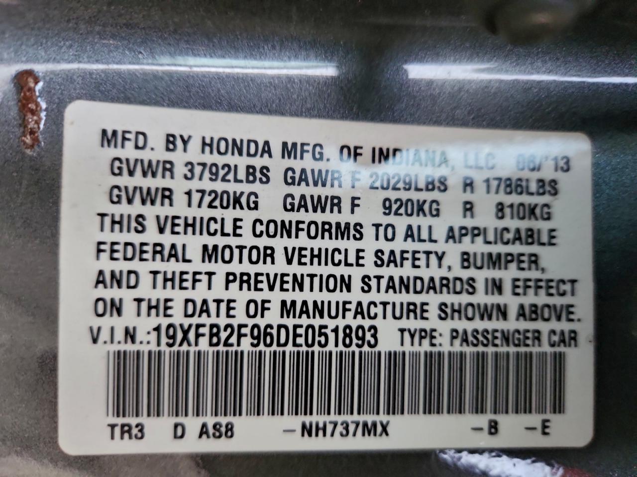 2013 Honda Civic Exl VIN: 19XFB2F96DE051893 Lot: 91425855