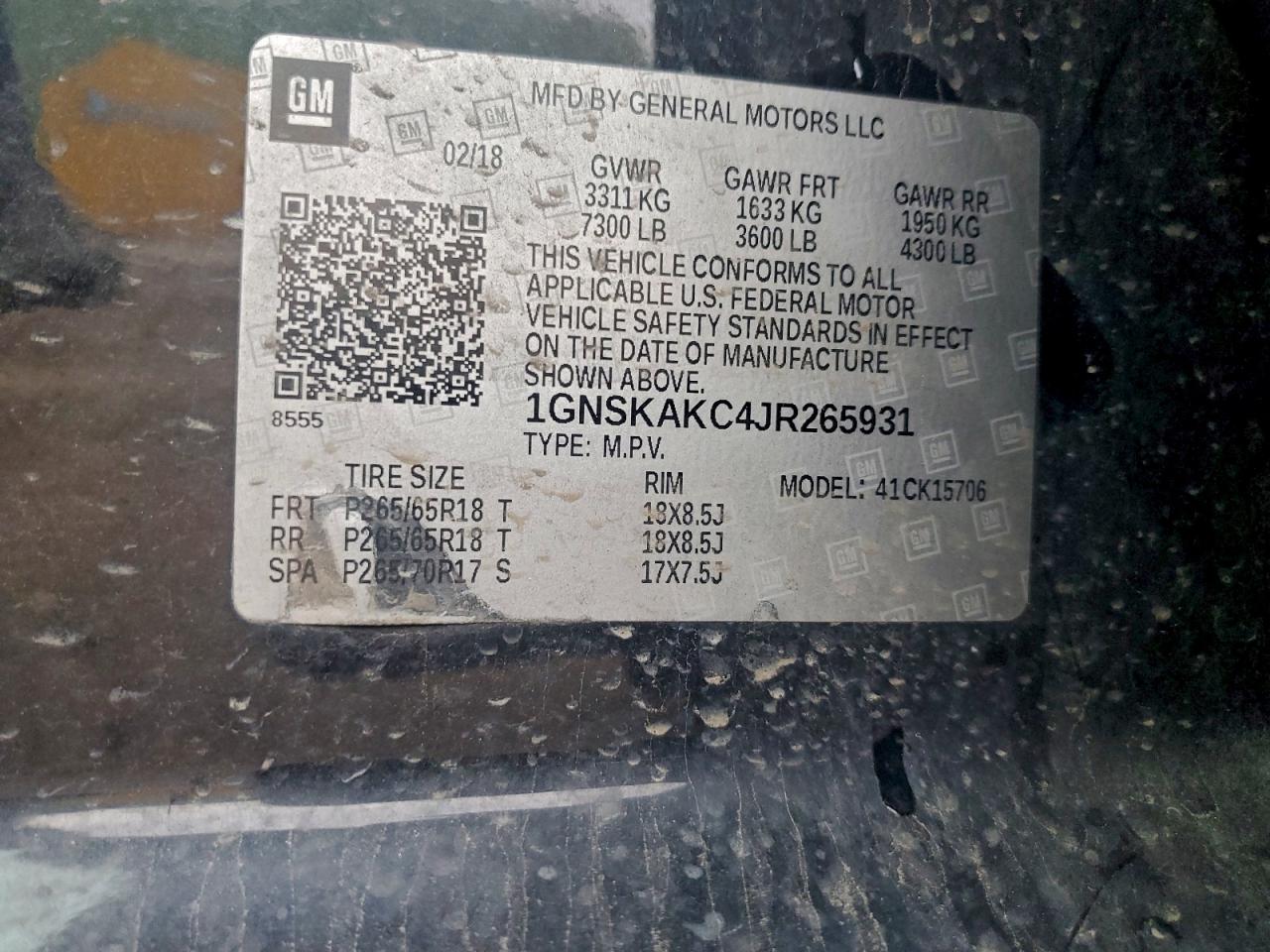 2018 Chevrolet Tahoe K1500 Ls VIN: 1GNSKAKC4JR265931 Lot: 94140435