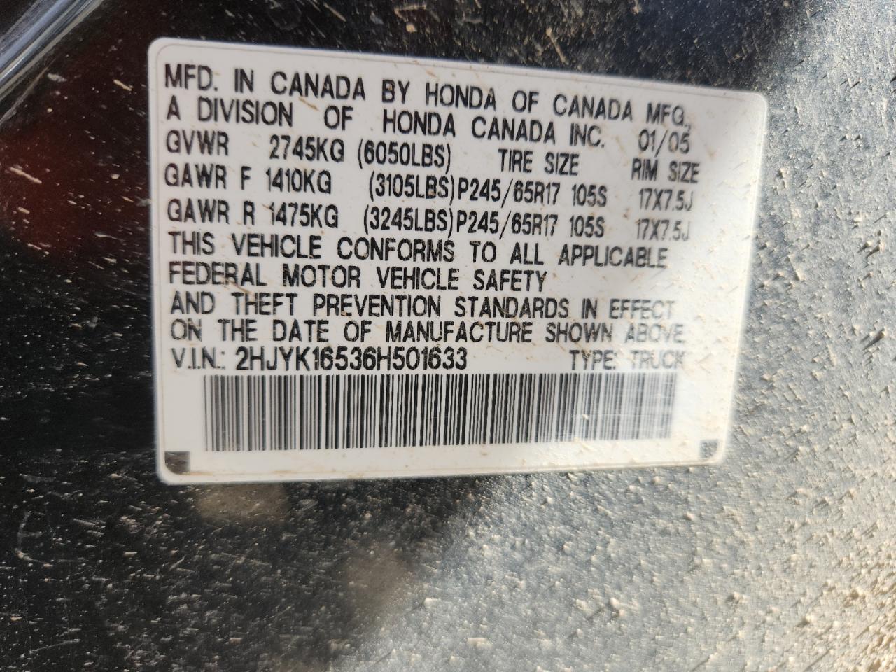 2006 Honda Ridgeline Rtl VIN: 2HJYK16536H501633 Lot: 90376685