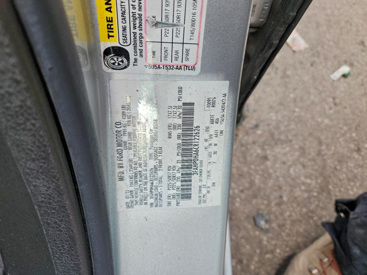 2012 Ford Fusion Se VIN: 3FAHP0HA6CR122626 Lot: 93684475