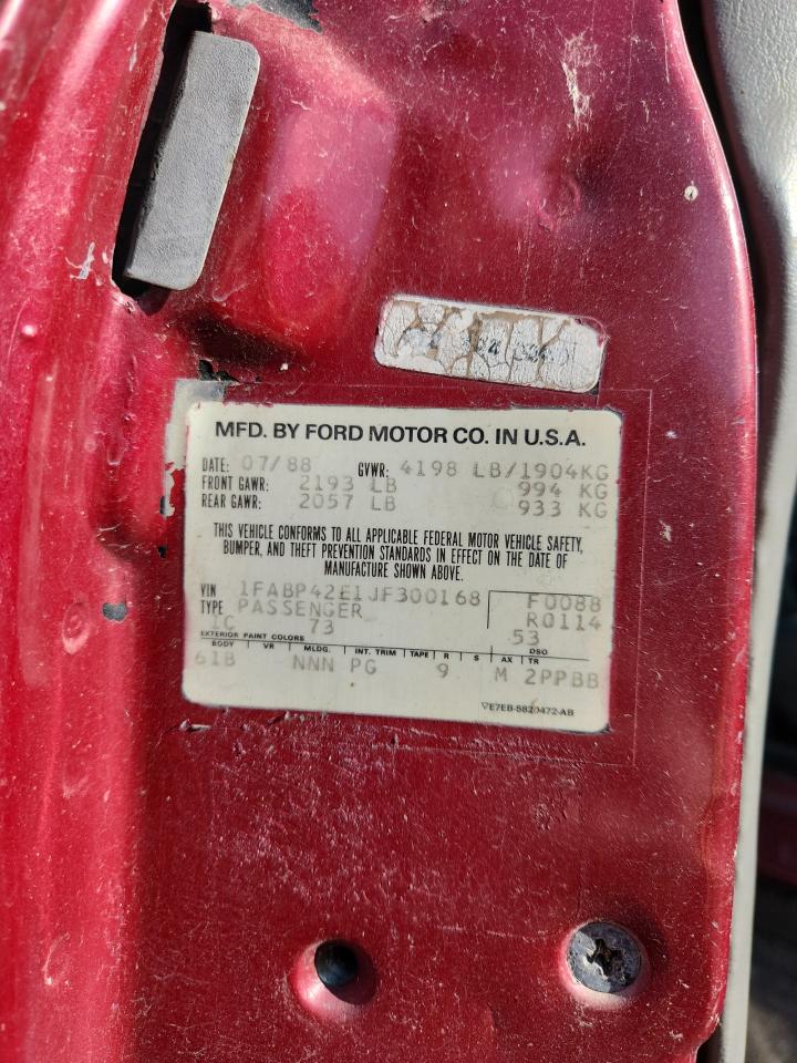 1988 Ford Mustang Gt VIN: 1FABP42E1JF300168 Lot: 92702745