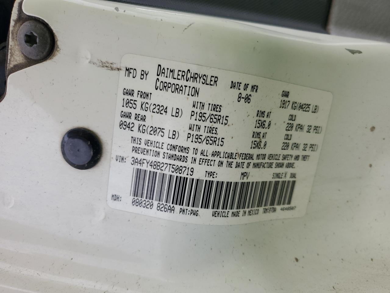 2007 Chrysler Pt Cruiser VIN: 3A4FY48B27T508719 Lot: 93737385