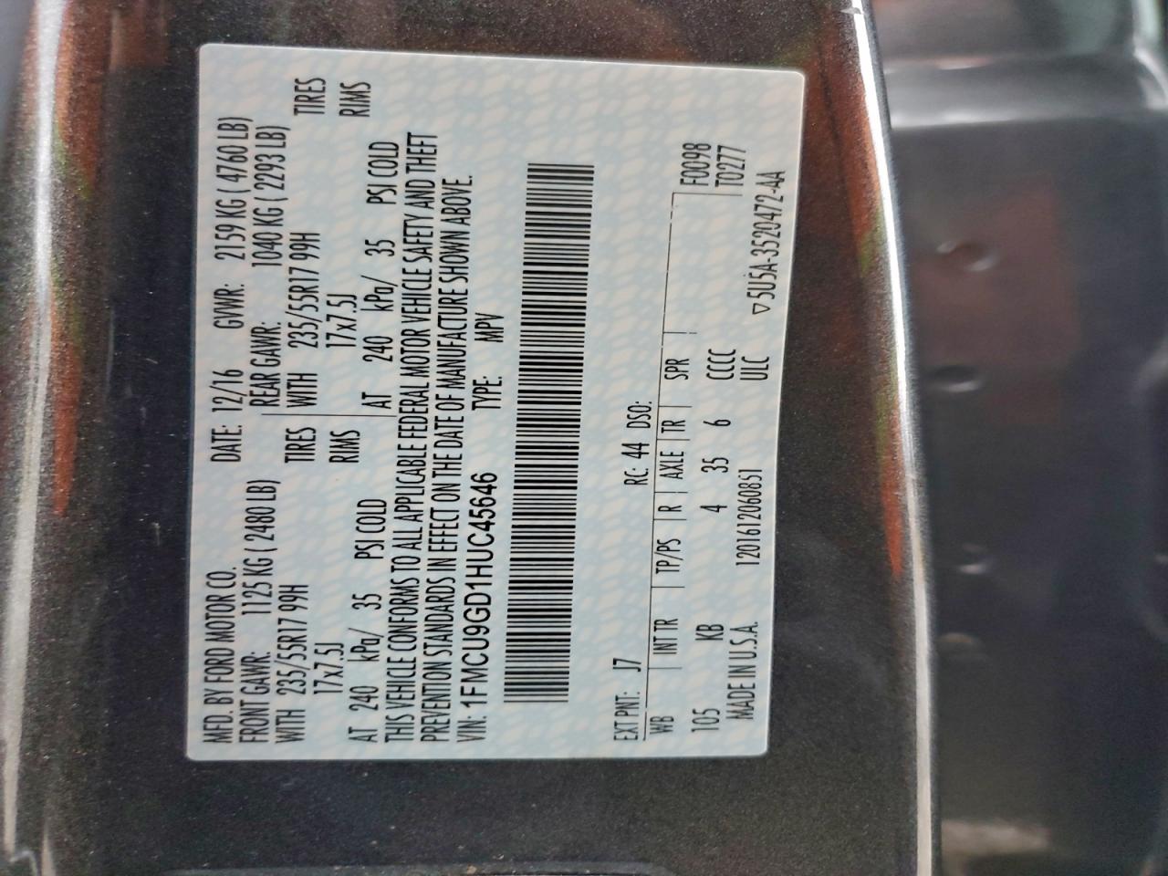 2017 Ford Escape Se VIN: 1FMCU9GD1HUC45646 Lot: 94369025