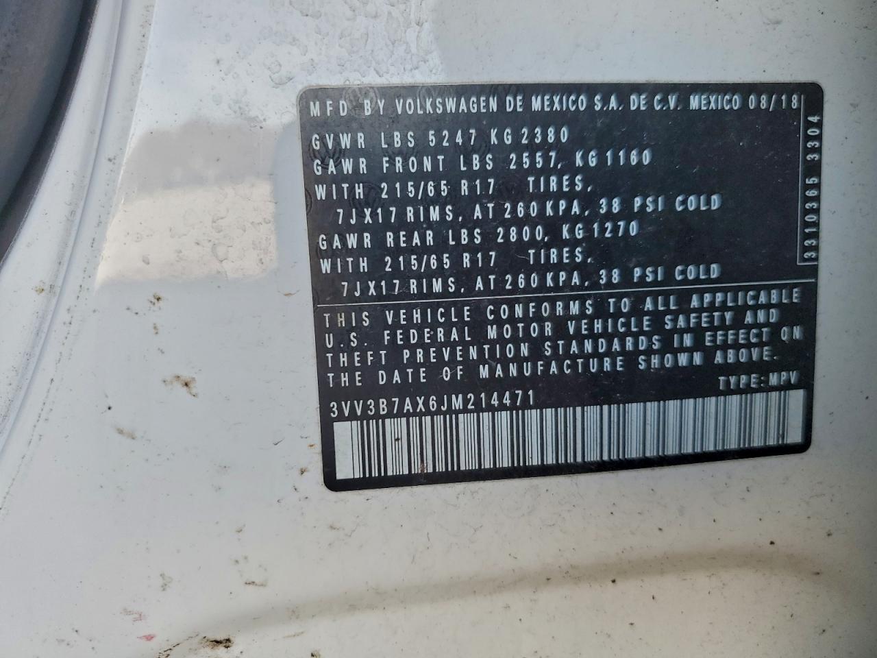 2018 Volkswagen Tiguan Se VIN: 3VV3B7AX6JM214471 Lot: 92935775