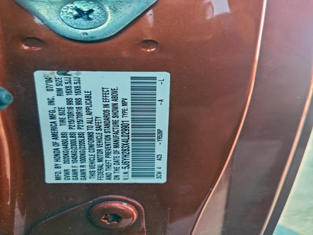 2004 Honda Element Lx VIN: 5J6YH283X4L029901 Lot: 94079715