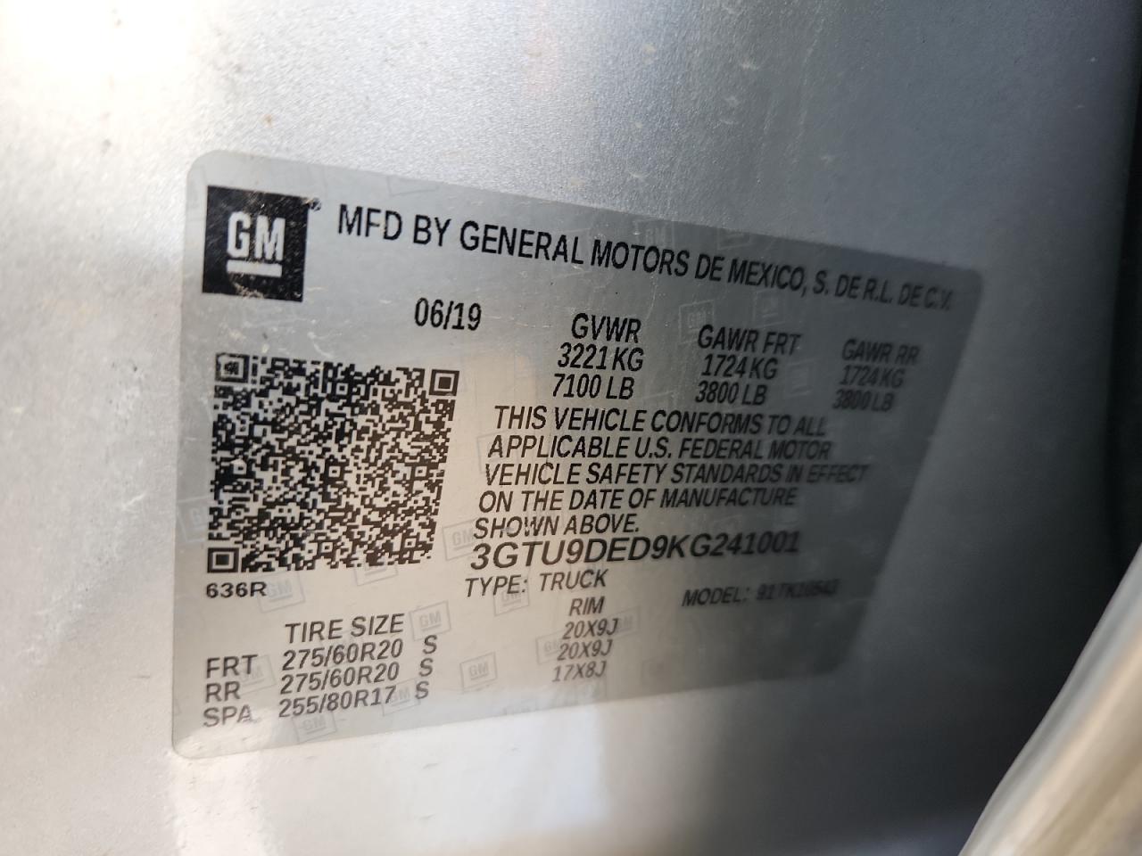 2019 GMC Sierra K1500 Slt VIN: 3GTU9DED9KG241001 Lot: 92284065