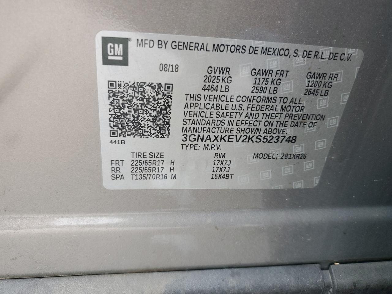 2019 Chevrolet Equinox Lt VIN: 3GNAXKEV2KS523748 Lot: 93751865