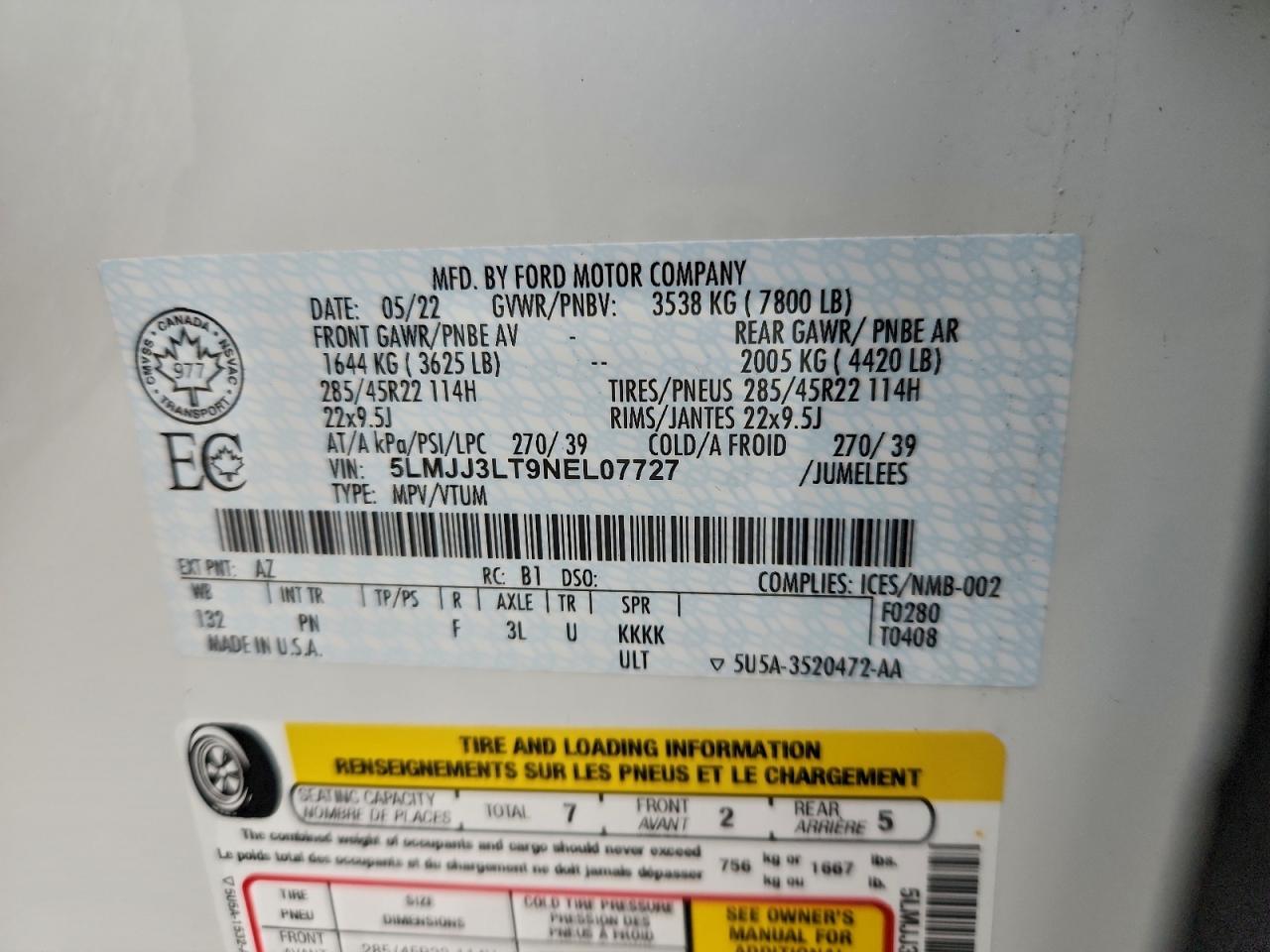 2022 Lincoln Navigator L Reserve VIN: 5LMJJ3LT9NEL07727 Lot: 94536245