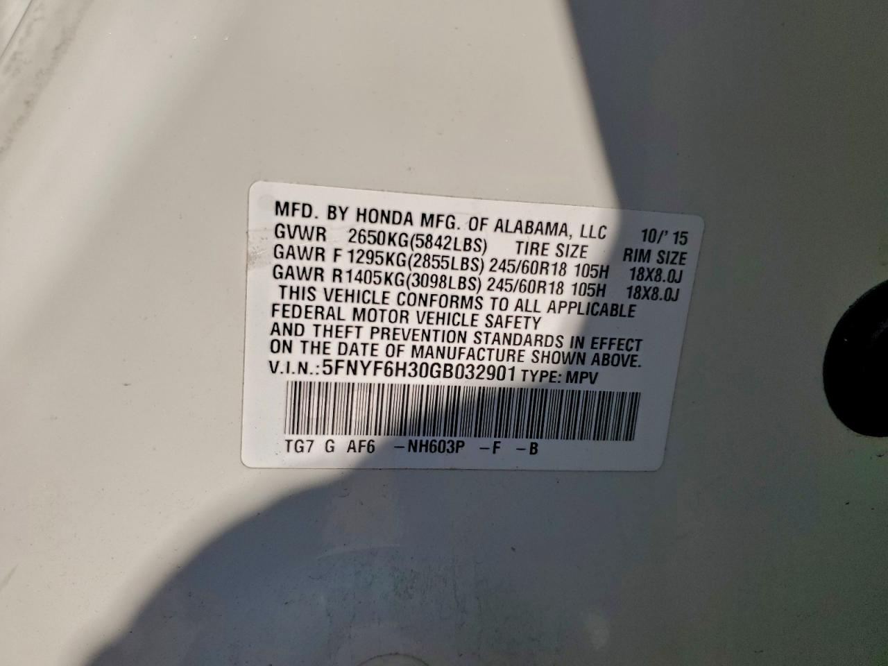 2016 Honda Pilot Ex VIN: 5FNYF6H30GB032901 Lot: 93221355