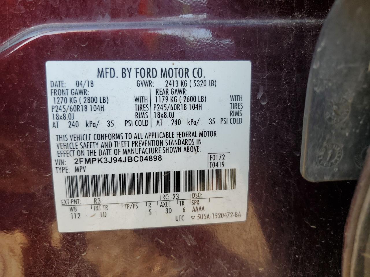 2018 Ford Edge Sel VIN: 2FMPK3J94JBC04898 Lot: 91711855