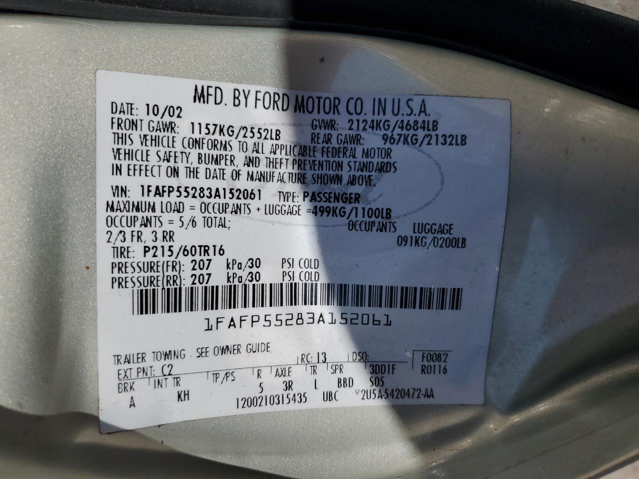 2003 Ford Taurus Ses VIN: 1FAFP55283A152061 Lot: 93058305