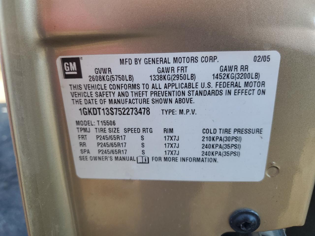 2005 GMC Envoy VIN: 1GKDT13S752273478 Lot: 90751995