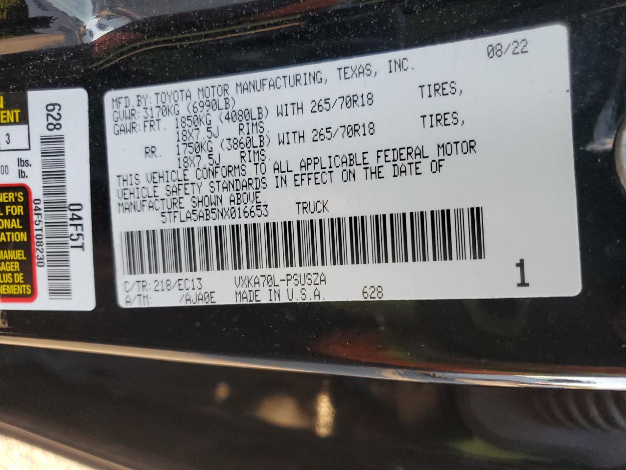 2022 Toyota Tundra Crewmax Sr VIN: 5TFLA5AB5NX016653 Lot: 91572325