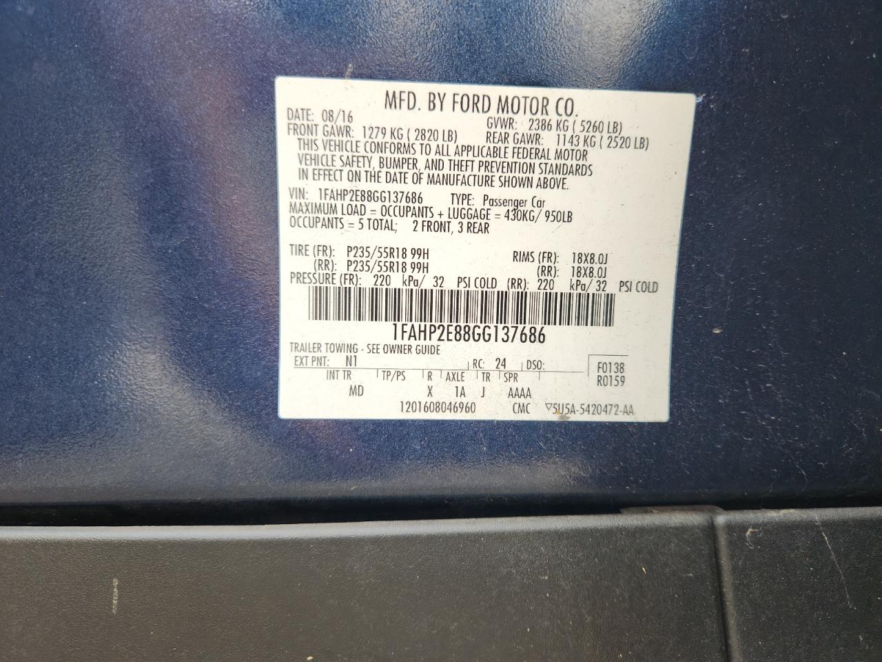 2016 Ford Taurus Sel VIN: 1FAHP2E88GG137686 Lot: 92021455