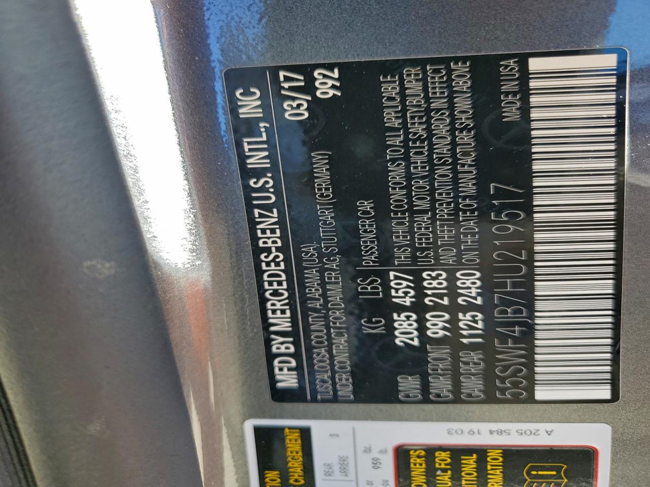 2017 Mercedes-Benz C 300 VIN: 55SWF4JB7HU219517 Lot: 94492915