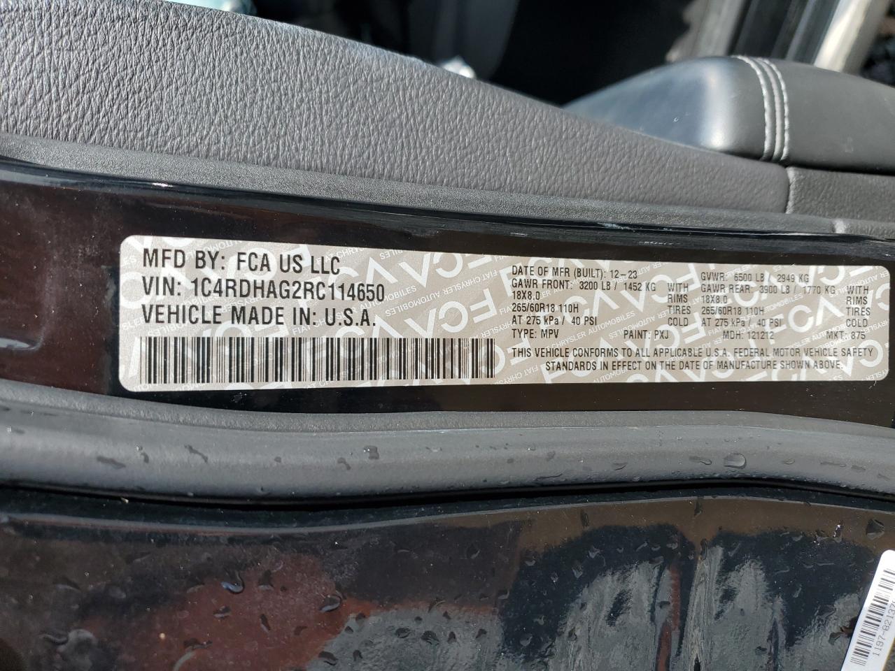 2024 Dodge Durango Sxt VIN: 1C4RDHAG2RC114650 Lot: 91145045