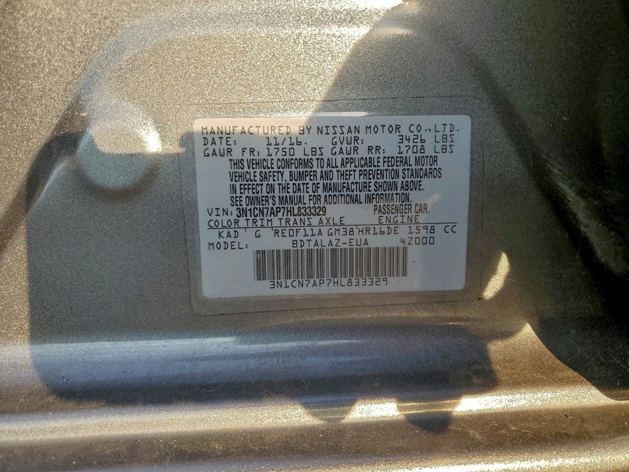 2017 Nissan Versa S VIN: 3N1CN7AP7HL833329 Lot: 94181845