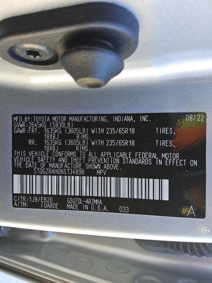 2022 Toyota Highlander Xle VIN: 5TDGZRAH6NS134898 Lot: 92321215